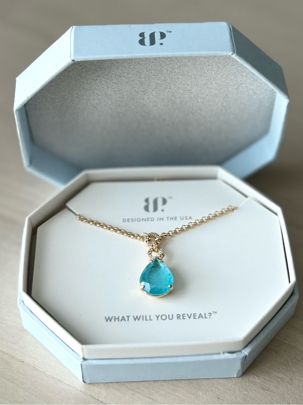 BP. Divine Lineage Aqua Blue Quartz Gold Pendant Necklace NWT MSRP $136